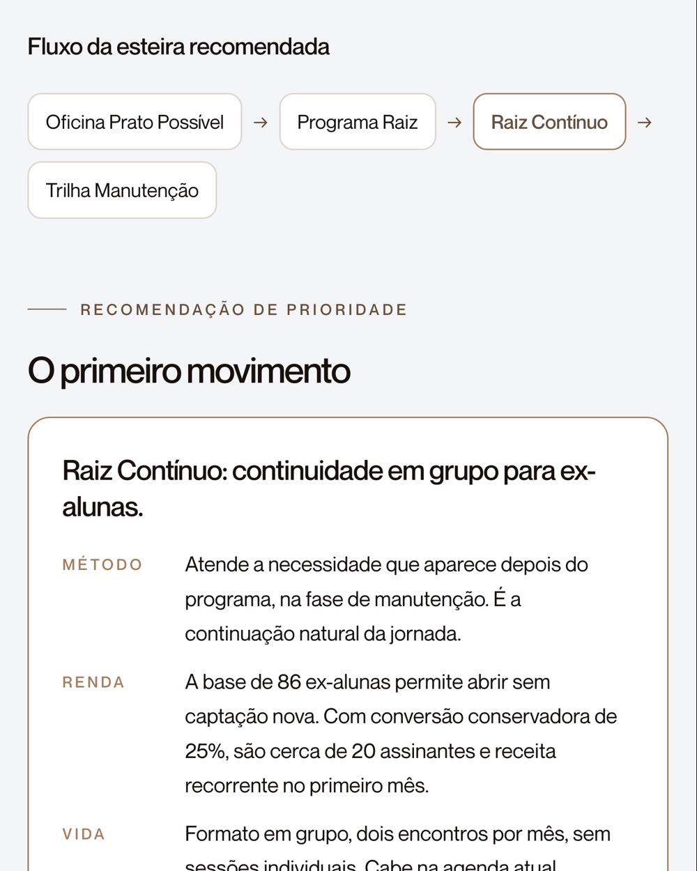 Página do relatório de exemplo com o fluxo da esteira recomendada e o primeiro movimento, justificado por Método, Renda e Vida